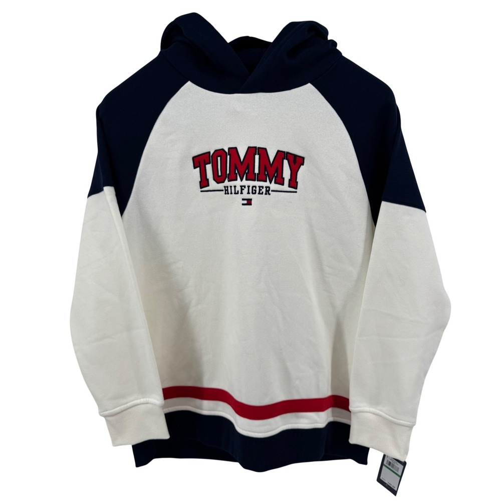 Tommy Hilfiger Hoodie Boys L 14/16 Ecru Colorblock Logo Sweatshirt TBHIB13F-104